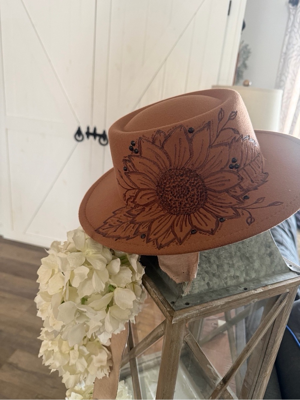 Custom burned flat brim cowgirl hat